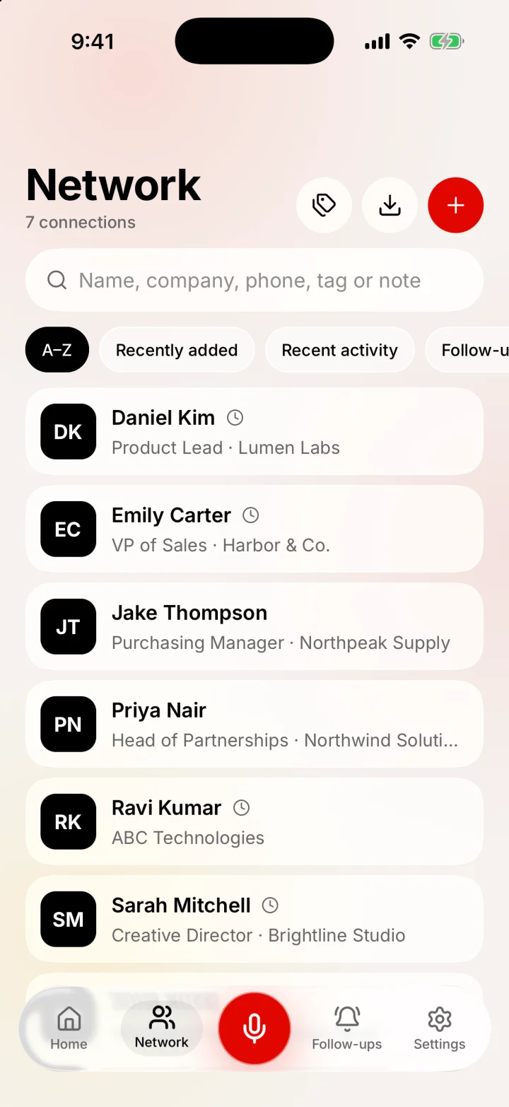 Merlions Network: searchable list of contacts with sort chips