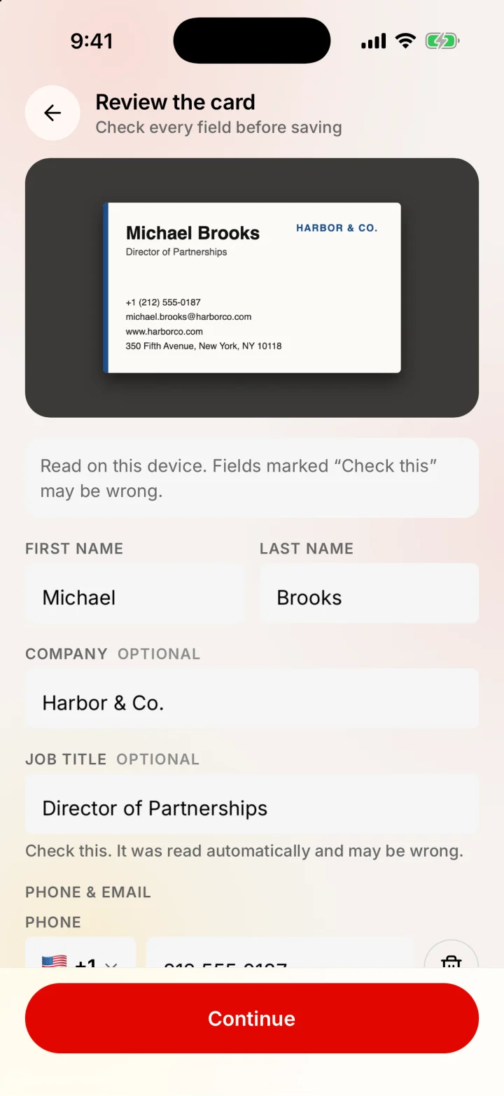 Merlions scanned-card review: every field editable before saving